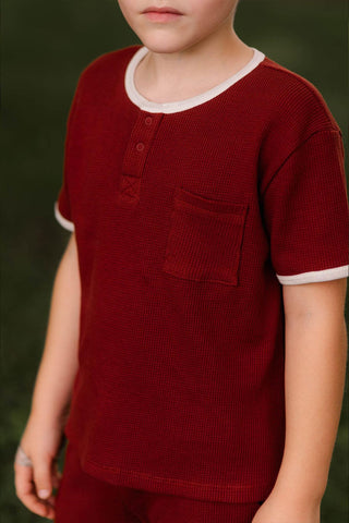 Beyaz  Detaylı Kiremit Waffle Kısa Kollu Set