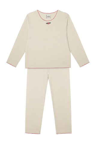Güllü Krem Jakar Uzun Kollu Taytlı Pijama Takımı